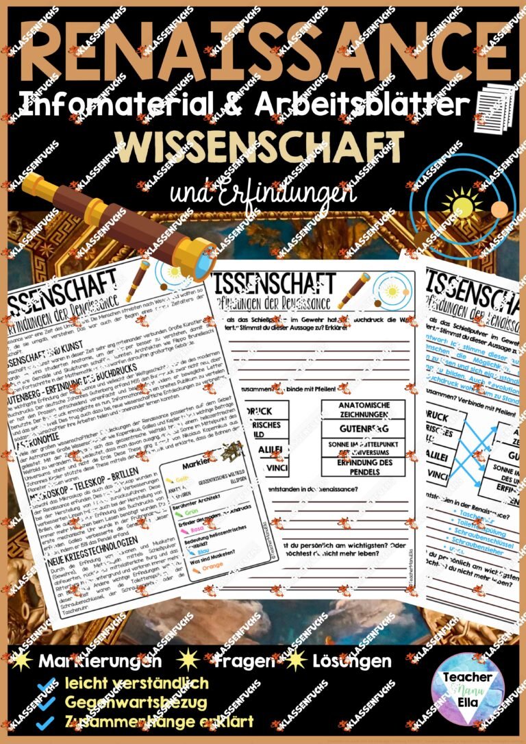 Renaissance Infomaterial & Arbeitsblätter – Wissenschaft & Erfindungen | Gutenberg, Buchdruck, Galileo, Kepler & Co.